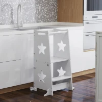 Qaba 2 in 1 Toddler Tower with Safety Rail for Bathroom, Sink, Kitchen or Counter, White(m-10)