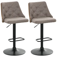 HOMCOM Counter Height Bar Stools Set of 2 with Solid Wood Back, Height Adjustable Swivel Barstools, Button Tufted Linen Fabric Bar Chairs with Footrest, Brown(m-11)