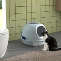 PawHut Cat Litter Box Toilet with Lid, Covered Litter Box with Scoop, Enclosed Drawer, and Skylight, Blue(m-2)