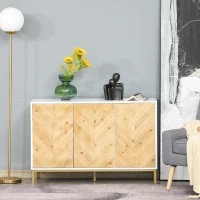 HOMCOM 3 Door Sideboard Buffet Cabinet, Coffee Bar Cabinet with Chevron Pattern, Adjustable Shelf and Metal Legs, Natural Wood(m-10)