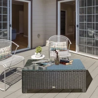 Outsunny Rattan Coffee Table, Patio Side Table, Hand-woven Wicker Furniture with Tempered Glass Top Outdoor Garden Patio, Black(m-8)