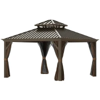Outsunny 12' x 12' Hardtop Gazebo with Curtains and Netting, Permanent Pavilion Metal Double Roof Gazebo Canopy with Aluminum Frame and Hooks, for Garden, Patio, Backyard, Brown(m-11)