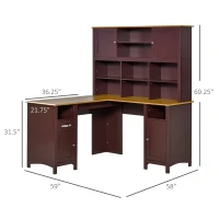 HOMCOM L Shaped Computer Desk with Hutch, 59" Corner Desk, Space Saving Home Office Desk with Storage Shelves, Drawer and Cabinet, Coffee Brown(m-3)