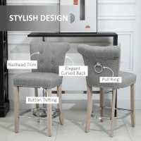 HOMCOM Bar Stools Set of 2, Upholstered Counter Height Stools with Button Tufted Back, Wood Legs and Footrest, Grey(m-5)