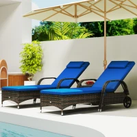 Outsunny Patio Wicker Chaise Lounge Chair Set of 2 with Table, Adjustable Backrest, Wheels, Cushion & Headrest, Blue(m-8)