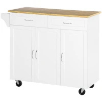 HOMCOM Rolling Kitchen Island Cart on Wheels with Large Bamboo Countertop, 2 Cabinets with Drawers, Adjustable Shelves, White(m-11)