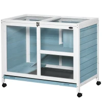 PawHut Indoor Rabbit Hutch with Wheels, Bunny Cage Guinea Pig House W/ Top Access, Ramp, Pull Out Tray, Blue(m-11)
