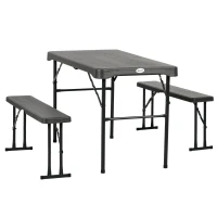 Outsunny Folding Picnic Table with 2 Benches, 3-Piece Portable Outdoor Picnic Table Bench Set for 4, Patio Dining Table Set with Plastic Top, Steel Frame for Garden, Dark Grey(m-2)