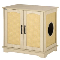 PawHut 3-in-1 Cat Litter Box Furniture Hidden, Cat Cabinet Bed, End Table with Rattan, Kitty Bed with Plush Foam Cushion, Modern Cat Bedding House with End Table Use, Oak(m-1)