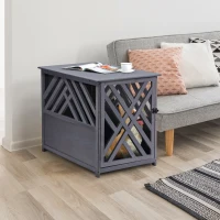 PawHut Furniture Style Wood Dog Crate End Table Decorative Dog Cage Kennel Lattice Night Stand with Lockable Door, Grey(m-2)
