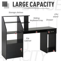 HOMCOM Computer Desk with Sliding Keyboard & Storage Shelves, Cabinet and Drawer, Home Office Gaming Table Workstation, Black Wood Grain(m-4)