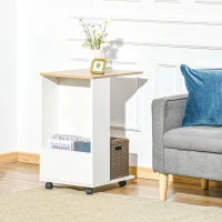 HOMCOM C-Shaped Sofa Side Table Mobile End Table with Storage and Wheels for Living Room,Office, White(m-10)