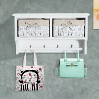 HomCom Rustic Country Floating Storage Shelf With Coat Hooks And 2 Removable Baskets - White(m-2)