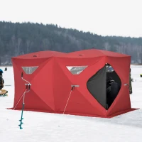 Outsunny 5-8 People Ice Fishing Shelter, Pop-Up Portable Ice Fishing Tent with Carry Bag, Two Doors, Windows and Vents, Ice Shanty for Winter Fishing, Red(m-2)