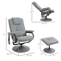 HOMCOM Massaging Faux Leather Recliner Chair and Ottoman Set, Swivel Vibration and Heat Massage Lounge Chair with Six Massage Points and Remote Control for Living Room, Bedroom, or Office, Gray(m-3)