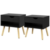 HOMCOM Set of 2 Nightstands with Storage Drawer and Shelf, Modern Bedside Table for Bedroom, Black(m-2)