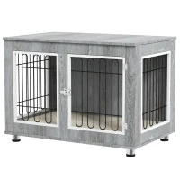 PawHut Pet Crate Side End Table for Indoor Use with Cushion, Double Doors, Grey(m-2)