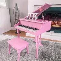 HOMCOM Modern Kids Piano, 30 Keys, Set of 2, Mini Toy for Child, Grand Piano with Music Stand and Bench, Ideal Gift, Pink(m-8)