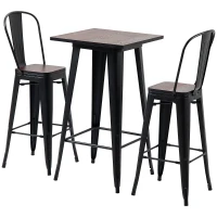HOMCOM 3 Piece Industrial Dining Table Set, Bar Height Bar Table and Chairs Set with Footrests for Bistro, Pub, Black and Brown(m-11)