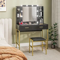 HOMCOM Makeup Vanity Table Set with Lighted Mirror, Stool, Drawers, Shelves, 2 Lighting Modes, Dressing Table, Black(m-8)