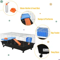 PawHut 47" Small Animal Cage, Rolling Guinea Pig Cage with Food Dish, Water Bottle, Hay Feeder, Platform, Ramp, Black(m-6)