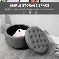 HOMCOM Round Linen-touch Fabric Storage Footstool Ottoman Button Tufted Footrest with Removable Lid, Grey(m-4)