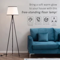 HOMCOM Modern Tripod Floor Lamp, Freestanding Lamp w/ Fabric Lampshade and E26 Base for Living Room, No Bulb - Black(m-4)