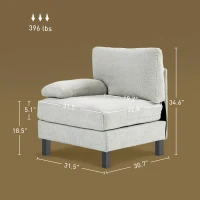HOMCOM Left Side Module for Modular Sectional Sofa, Upholstered Armchair with Wood Legs and Pocket Spring, Cream White(m-3)