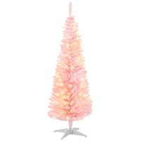HOMCOM 5ft Pencil Christmas Tree, Slim Artificial Christmas Tree with Realistic Branches and Warm White LED Lights, Pink(m-11)
