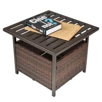 Outsunny 21.75" Outdoor Rattan Wicker Patio Coffee Table with Umbrella Hole, Patio Side Table with Slatted Metal Top, Brown(m-11)