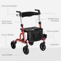 HOMCOM Rollator Walker for Seniors and Adults with 8'' Wheels, Padded Seat and Backrest,  Storage Bag Red(m-5)