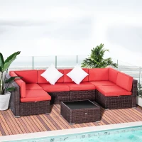 Outsunny 7 Pieces Patio Wicker Sofa Set, Outdoor PE Rattan Sectional Conversation Furniture Set w/ Tempered Glass Coffee Table & Cushion for Garden, Backyard, Red(m-1)