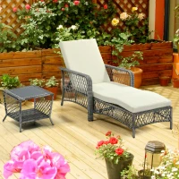 Outsunny 2 Pieces Wicker Patio Lounge Set w/ Cushions, Outdoor PE Rattan Sun Lounger Sets w/ 5-Level Reclining Chaise Chair & Two-tier Glass Top Coffee Table, Cream White(m-8)