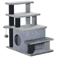 PawHut Adjustable Height 3 Step/4 Step Cat Stairs with Cat Scratching Post, Cat Condo, Toy Ball, for Bed, Sofa, Couch, Gray