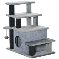 PawHut Adjustable Height 3 Step/4 Step Cat Stairs with Cat Scratching Post, Cat Condo, Toy Ball, for Bed, Sofa, Couch, Gray(m-1)