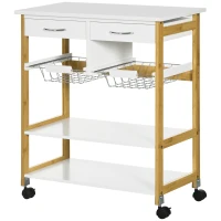 HOMCOM Kitchen Island with Storage, Bamboo Kitchen Cart on Wheels with 2 Drawers, 2 Metal Baskets, Open Shelves and Casters with Lock, Natural(m-11)