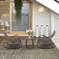 Outsunny 3 Pieces Patio Wicker Rocking Chair Set, Outdoor PE Rattan Bistro Rocker Set w/ Aluminum Frame, and Glass Top Coffee Table for Garden, Porch, Poolside, Brown(m-8)