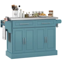 HOMCOM Rolling Kitchen Island with Stainless Steel Top, 2 Drawers, Spice, Knife and Towel Rack and Cabinets, Teal Blue(m-11)