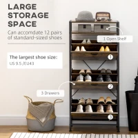 HOMCOM Industrial 12 Pair Shoe Storage Cabinet with 3 Flip Drawers and Open Shelf, Shoe Storage Organizer Rustic Brown(m-4)