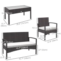 Outsunny 4 Pieces Patio Furniture Set with Loveseat Sofa, Armchairs, Glass Table, Outdoor Wicker Conversation Sofa Set, White(m-3)