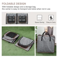 PawHut 39" Portable Soft-Sided Cat Carrier, Cat Kennel, Travel Dog Crate with Divider, Two Compartments, Soft Cushions & Storage Bag, Easy to Fold, Light Gray(m-4)
