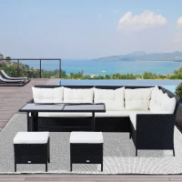 Outsunny 6pcs Outdoor Rattan Sofa Set Garden Wicker Sectional Couch Furniture Set with Dining Table and Chair White(m-9)