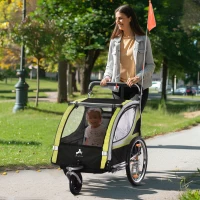 Aosom 2 Seat Bike Trailer for Kids 2-in-1 Double Baby Jogging Stroller with Handbrake, Rubber Wheels, 5 Point Harness, Waterproof Cover, Storage Bag, Reflectors, Yellow(m-8)