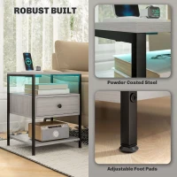 HOMCOM Set of 2 Side Tables with Charging Stations and LED Lights, End Tables with Drawer and Shelves for Living Room, Gray(m-7)