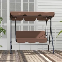 Outsunny Large Family Swing Set, 3-Seat Adjustable Canopy Swing Bench with Cushion, Steel Frame Stand for Patio, Garden, Family Use, Brown(m-9)