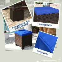 Outsunny 2 Piece Wicker Outdoor Ottomans with Cushions, Rattan Ottoman Footrest and Side Table for Patio, Yard, Poolside, Dark Blue(m-6)