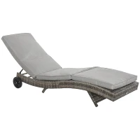 Outsunny Outdoor Adjustable Wicker Chaise Lounge Chair with Cushion & Wheels for Patio, Deck, Poolside, Grey(m-2)