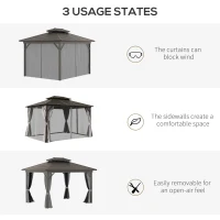 Outsunny 10' x 12' Hardtop Gazebo with Curtains and Netting, Permanent Pavilion Metal Double Roof Gazebo Canopy with Aluminum Frame and Hooks, for Garden, Patio, Backyard, Gray(m-7)