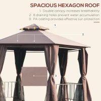 Outsunny 13' x 13' Patio Gazebo, Double Roof Hexagon Outdoor Gazebo Canopy Shelter with Netting & Curtains, Solid Steel Frame for Garden, Lawn, Backyard and Deck, Coffee(m-4)