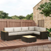 Outsunny 6 Pieces Outdoor Rattan Patio Furniture Set with Corner Sofa, Wood-Plastic Coffee Table, Light Grey(m-8)